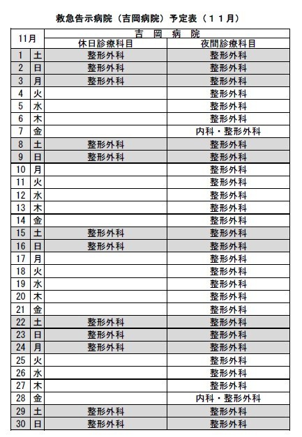 令和7年11月救急告示病院吉岡病院の予定表です。