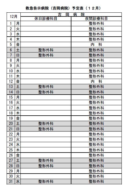 令和7年12月救急告示病院吉岡病院の予定表です。