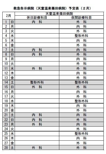 令和8年2月救急告示病院天童温泉篠田病院の予定表です。