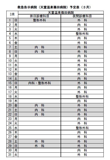 令和8年3月救急告示病院天童温泉篠田病院の予定表です。