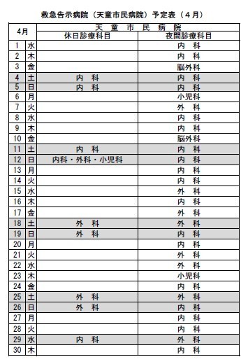 令和8年4月救急告示病院天童病院の予定表です。