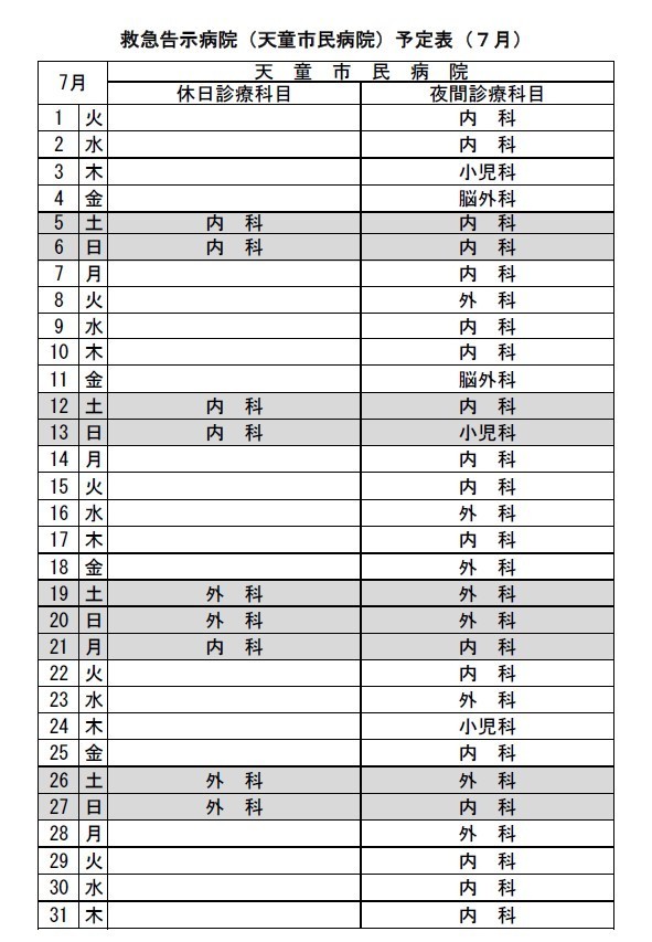 令和７年７月救急告示病院天童市民病院の予定表です。