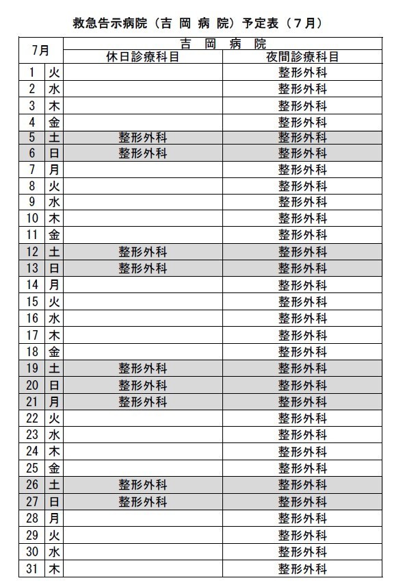 令和７年７月救急告示病院吉岡病院の予定表です。