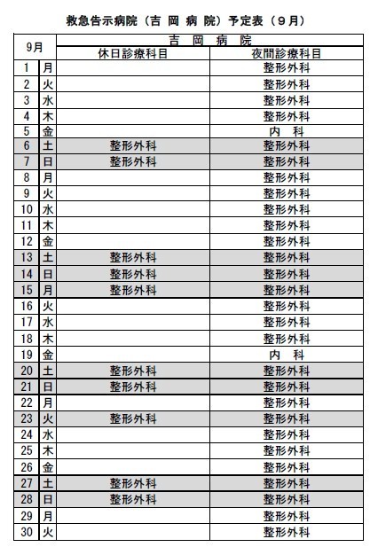 令和７年９月救急告示病院吉岡病院の予定表です。