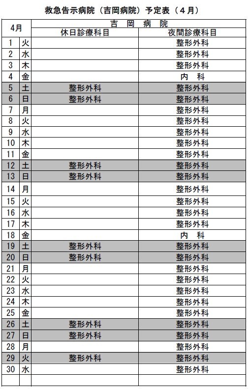 ４月吉岡病院予定表です。