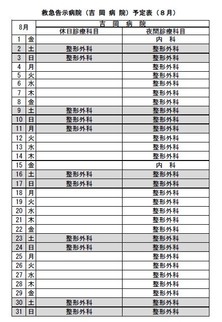 令和７年８月救急告示病院吉岡病院の予定表です。