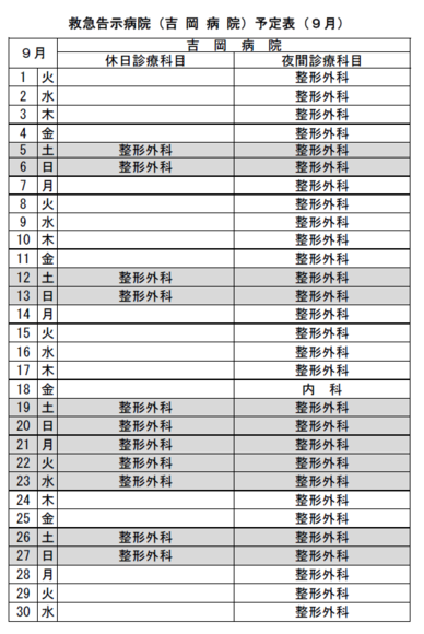 救急告示病院９月（吉岡病院）