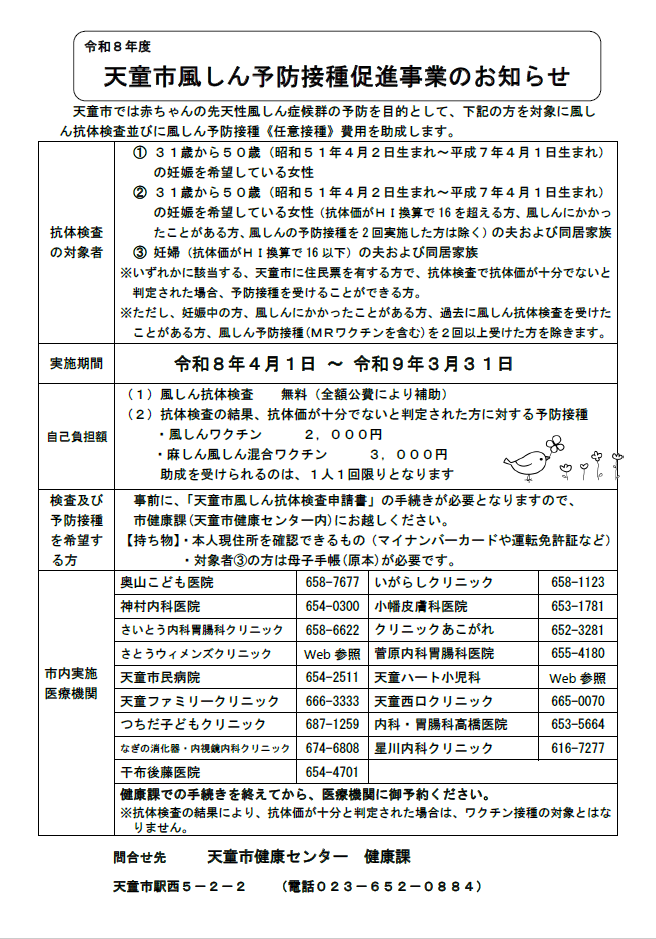 令和7年度風しん予防接種促進事業のおしらせです。